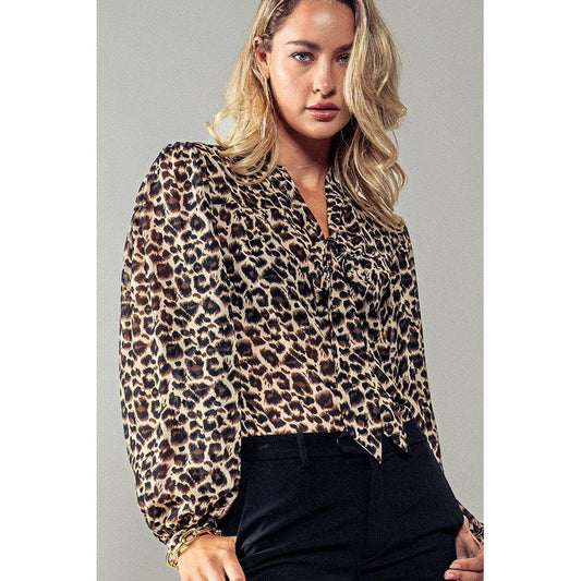 Leopard Tie Neck Blouse